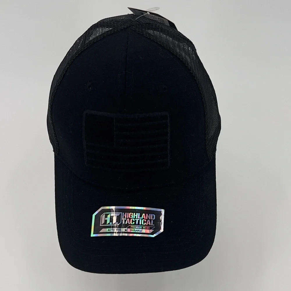 NWT Highland Tactical USA American Flag Black Trucker Mesh Adjustable Cap Hat - Picture 2 of 8